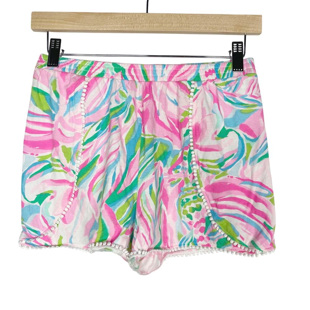 Lilly Pulitzer Girls XL 12-14 Pink Blue Green Pom Pom Cotton Pull On Shorts